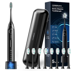 Operan Sonic Electric Toothbrush for Adults with 5 Modes, IPX7 Waterproof, 8 Brush Heads, Travel Case, Black