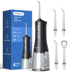 Operan Cordless Water Flosser, Portable Rechargeable Oral Irrigator with 4 Modes, 4 Jet Tips, IPX7 Waterproof, Black